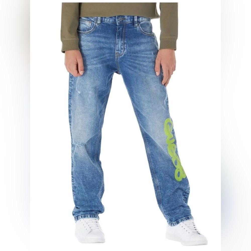 Guess Boys Crackle Print Logo Stretch Denim Oversized Jeans
